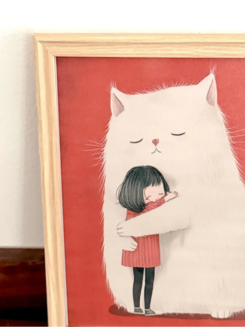 White Cat Hugging a Girl Red Background Canvas Art Print Framed Wall Hanging Art